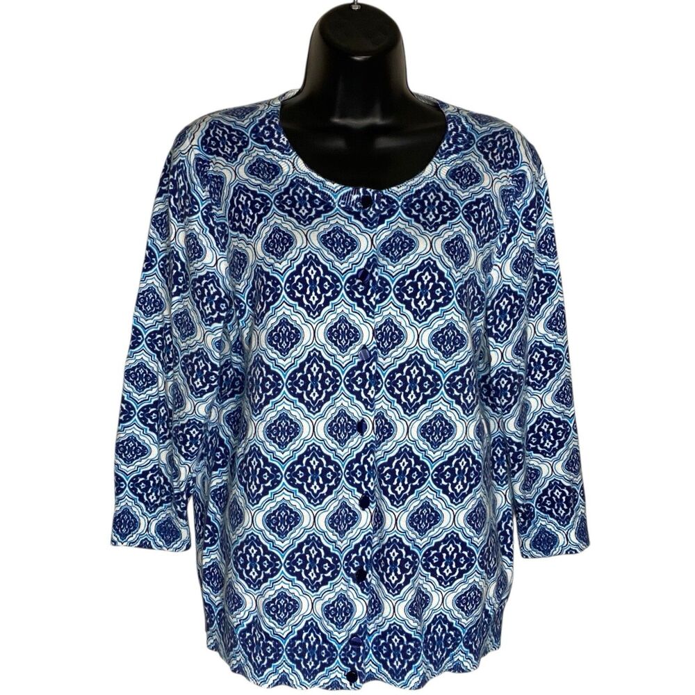 Talbots Cardigan Sweater Large Petite Blue 3/4 Sleeve Button Front Office Fitted